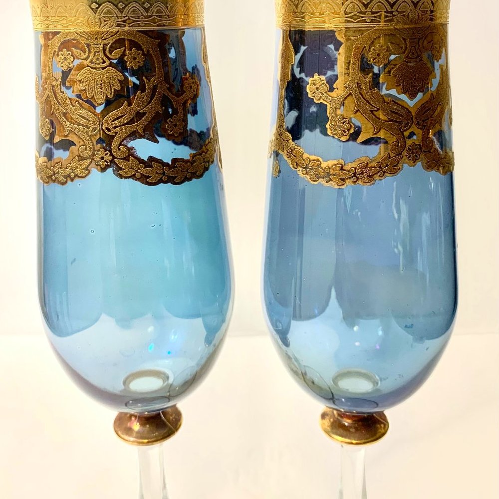 Vintage Two Cobalt Blue & Gold Champagne Glasses - Picture 2 of 3